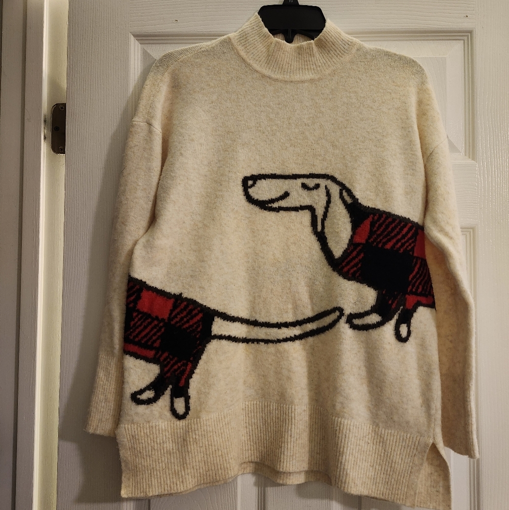LOFT Cream Wool Blend Sweater With Dachshund Wiener Dog Design Size Small